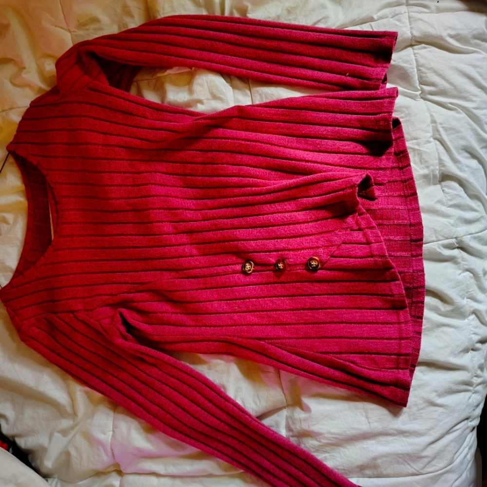 Red Ribbed Sweater with Button Detail